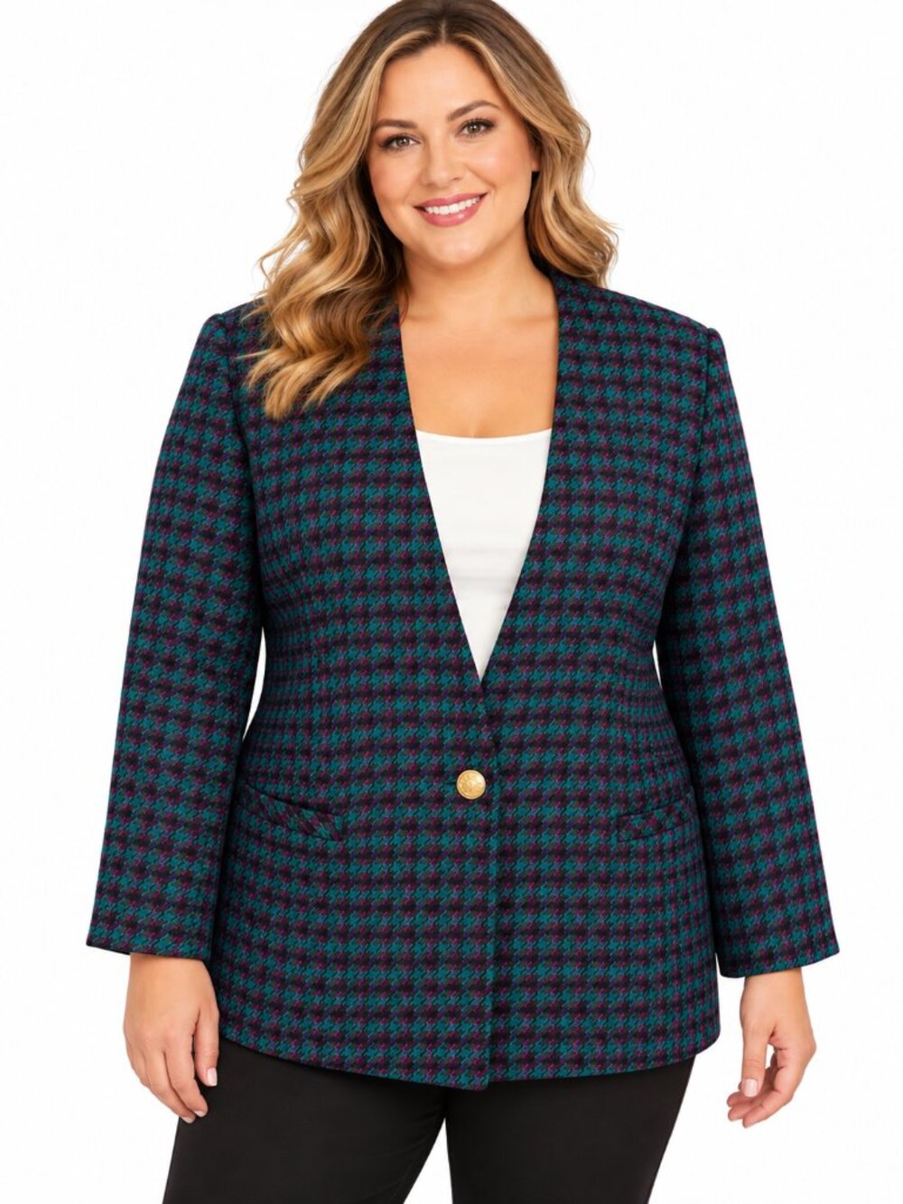 Alfred Dunner Vintage Wool Houndstooth Blazer Size 20 Teal Purple Made USA EUC
